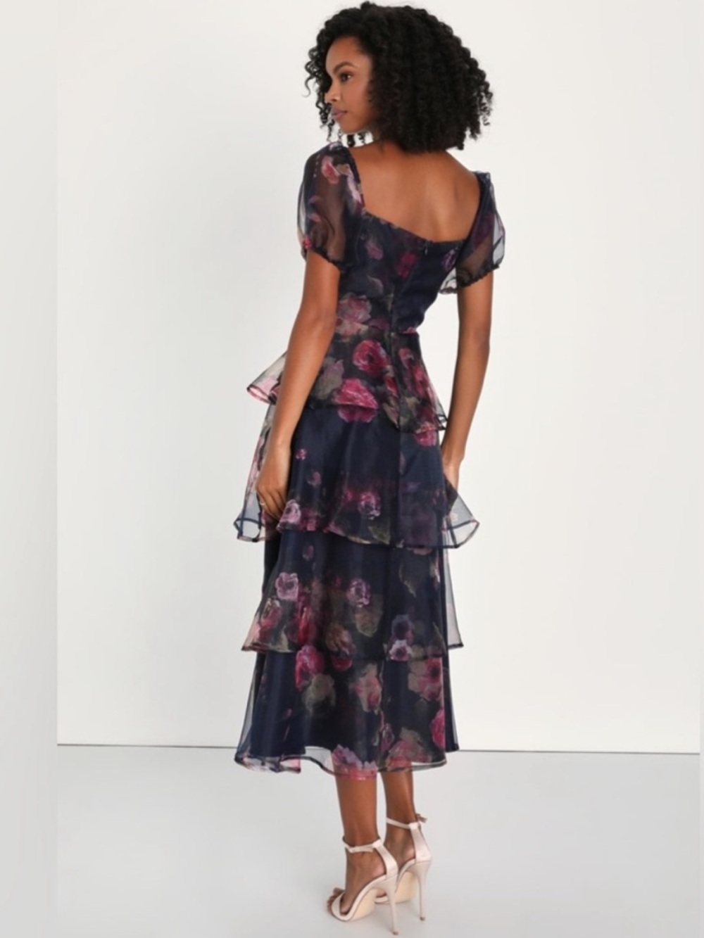 Lulus Oh-So Stunning Navy Blue Floral Organza Tiered Midi Dress Size Large - Picture 3 of 6